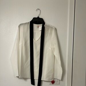 Cuyana White 100% Silk Blouse with Black Trim Tie Neck